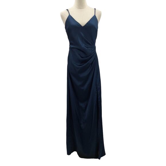 LULU'S M navy blue satin ruched surplized slit formal party maxi dress NEW B29 - Picture 1 of 9